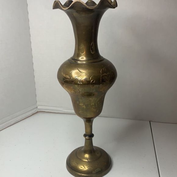 Vintage Brass Etched Vase Made In India - Picture 2 of 9